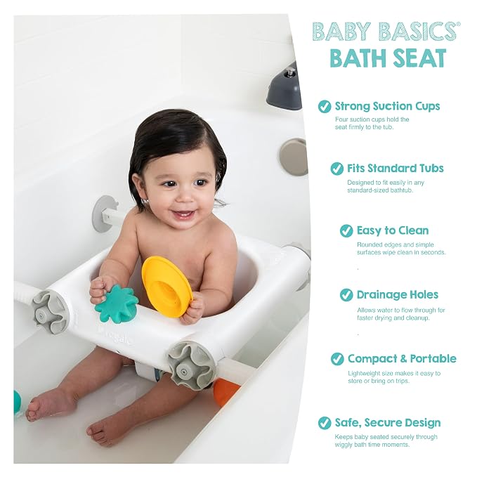 Regalo Baby Basics Baby Bath Seat with Suction Cups, Sit-Up Bath Support for Infants, Secure Baby Bath Chair for Bathtub, Easy Clean with Drain Holes, Fits Standard Tubs, White