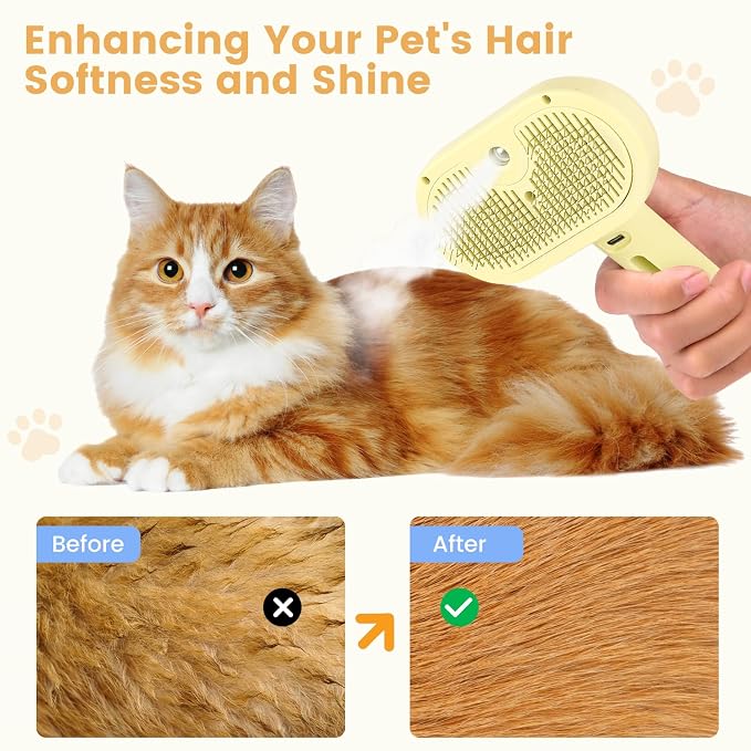 3 in 1 Cat Steam Brush, Pet Spray Hair Removal Comb for Shedding & Grooming, Water Brush for Cats Dogs Small Animals Long Short Haired with One-Click Release Button(Yellow)