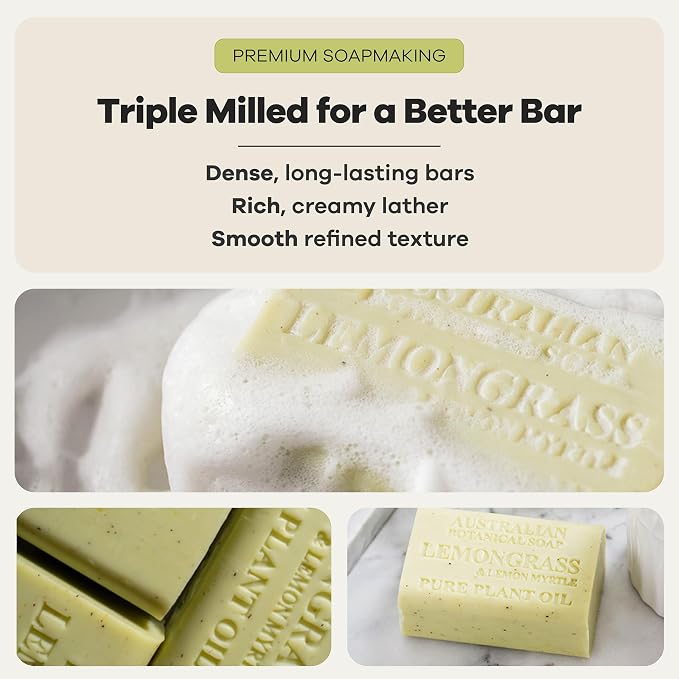 Australian Botanical Soap, 6.6 OZ, Lemongrass and Lemon Myrtle, Triple Milled Bars made with a Natural Soap Base and Enriched with Organic Shea Butter, Pack of 8