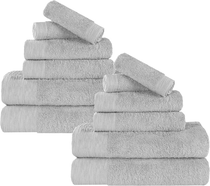 Superior Rayon from Bamboo Blend 12-Piece Towel Set, Luxury Quick Dry, Bathroom Essentials, Shower, Spa, Plush Soft Absorbent Towels, Includes 4 Bath, 4 Hand, 4 Washcloth/Face Towels, Platinum