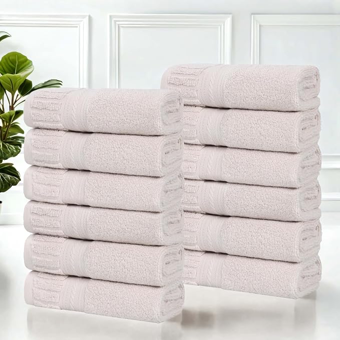 Superior Venice Zero Twist Cotton Medium Weight Small Towels, for Kitchen, Bathroom, Shower, Spa, Plush Essentials, Ribbed Textured Border, Face Towels Washcloths, Set of 12, Silver