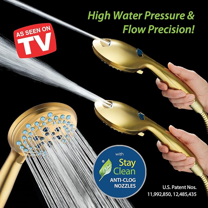 AquaCare Seen-On-TV High Pressure 8-mode Handheld Shower Head - 2-mode Power Wash to Clean Tub, Tile & Pets, Stay-Clean Nozzles, Extra Long 6 ft. Stainless Steel Hose, Wall & Overhead Brackets, Gold
