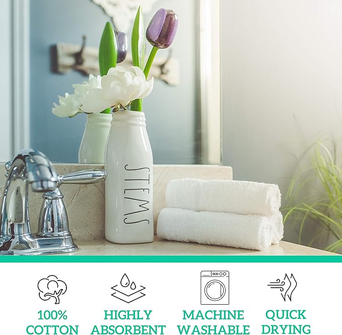 GREEN LIFESTYLE Washcloths 12" x 12" 50 Pack - 100% Cotton Wash Cloths, Bulk Washcloths, Face Towels Cotton, Soft Absorbent Bath Washcloths for Body, Face and Bathroom Use (White)