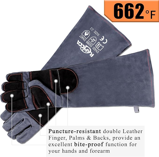RAPICCA Animal Handling Gloves, Bite Proof Double Leather, 22 in Grey-Black | For Dog, Cat, Bird, Falconry, Snake & Reptile Handling; Vets, Groomers & Animal Control Teams