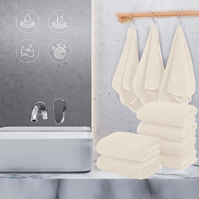 TENSTARS Silk Hemming Hand Towels for Bathroom - Quick Drying - Ultra Soft Microfiber Absorbent Towel for Bath Fitness, Gym, Shower, Hotel, and Spa - 16x28 Inch | Set of 6, Cream