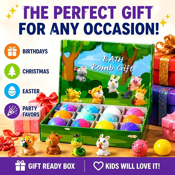 Bath Bombs for Kids with Surprise Animal Toys Inside Gift Set | 12 Pack Kids Bath Bombs with Toys Inside, Kid Bubble Bath Fizzy for Girls Boys with Bath Toys Birthday Gifts