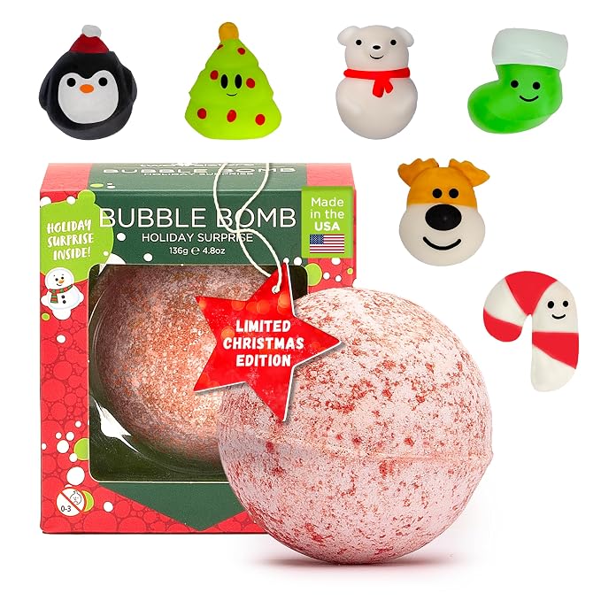Christmas Bath Bomb for Kids with Surprise Bath Toys Inside (Gift Set) - Stocking Stuffers for Boys and Girls - Holiday Bubble Bath with Cheerful Scent, USA Made by Two Sisters