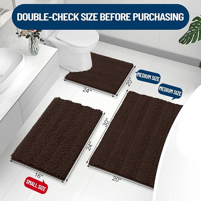Grandaily Chenille Striped Bathroom Rugs 47x32, Extra Thick and Absorbent Bath Mats, Non-Slip Soft Plush Shaggy Shower Carpet, Machine Wash Dry, Bath Rug for Bathroom, Brown