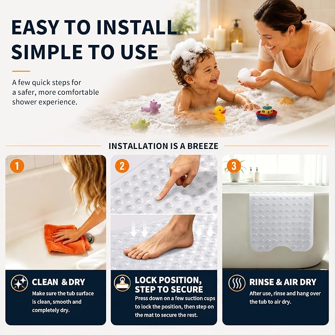 Yimobra 2-Pack Non Slip Bathtub Mat 40 x 16 Inch, Extra Long Shower Mat with Drain Holes, Machine Washable Baby Bath Mats, Strong Suction Cups for Bathroom Floor, Clear