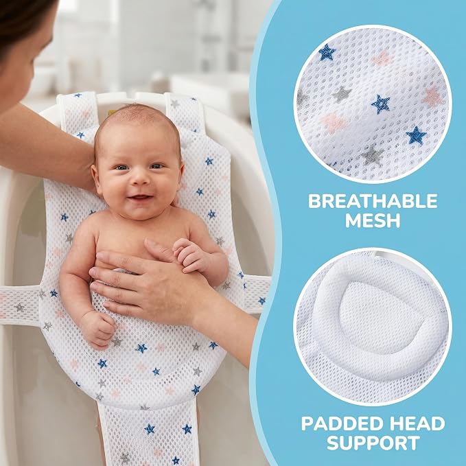 Premium Baby Bath Seat Support Net, Adjustable Non-Slip Infant Bathing Chair for Newborns 0-12 Months, Breathable Sit Up Mesh Baby Tub Seat for Sink and Bathtub