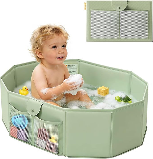 UNCLE WU Toddler Bathtub for Shower (12M-5Y) – Large Collapsible Portable Tub Converts Shower Stall to Bath – Sturdy, Non-Slip with Mesh Storage Pocket & Fast Drain for Kids & Small Bathroom