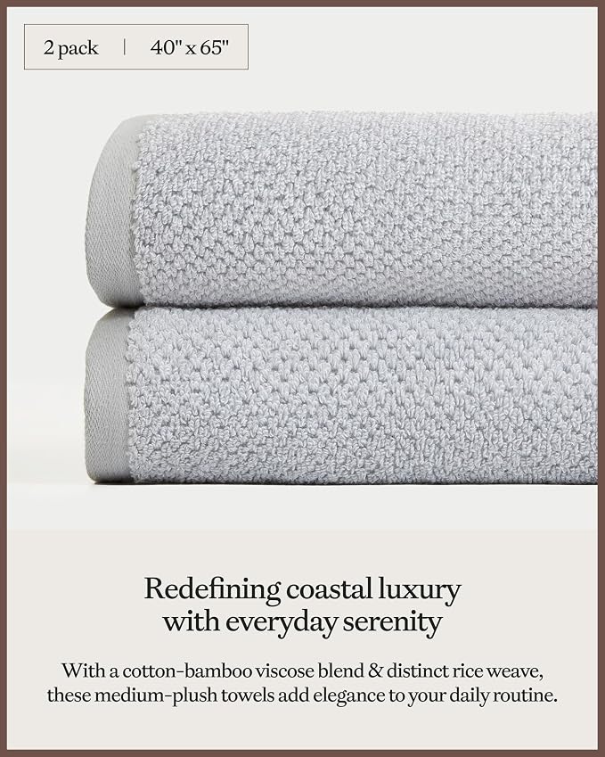 Cozy Earth Nantucket 60% Cotton 40% Viscose from Bamboo Bath Sheet - 600 GSM Plush & Fast-Drying with Rice Weave Pattern - 2 Pack 40" x 65" Luxury Bath Sheet - Harbor Mist
