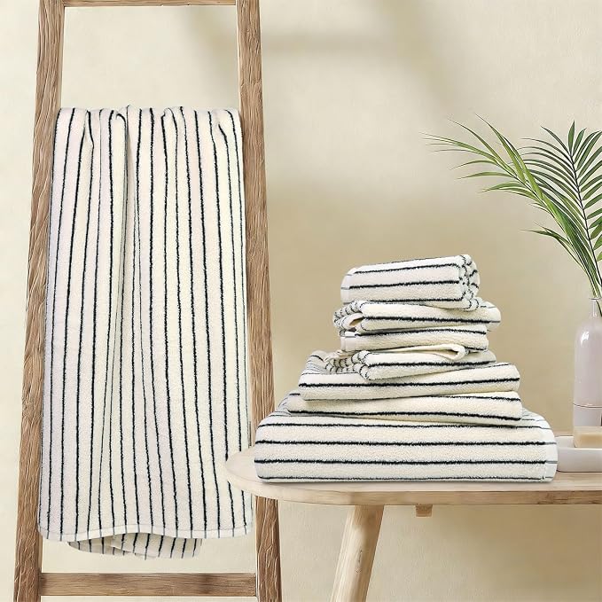 Jacquotha 8 Piece Black and Ivory Towel Set, Super Soft & Absorbent Cotton Striped Towels for Bathroom Decor, 2 Bath, 2 Hand, 4 Washcloths