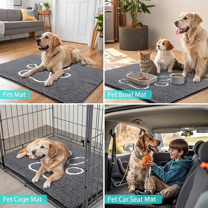 Smiry Dog Door Mat for Muddy Paws, Absorbent Dirt Trapper Non Slip Quick Dry Washable Chenille Mat for Mud Dogs, Entry Rug for Indoor and Outdoor (30x20 Inches, Dark Grey and White)