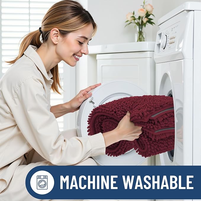 Smiry Luxury Chenille Bathroom Rugs 24x16, Extra Soft and Absorbent Shaggy Bath Mat, Machine Washable, Non-Slip Plush Carpet Runner for Tub, Shower, and Floor, Home Decor Accessories, Burgundy