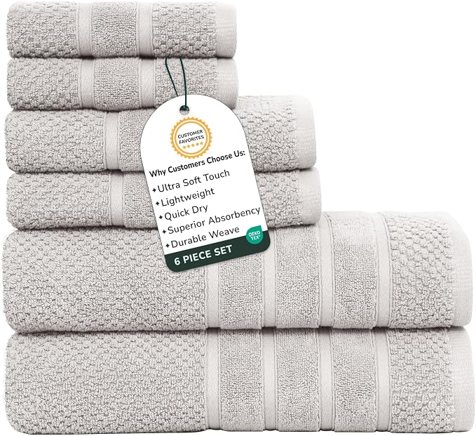 Feather & Stitch 100% Cotton 625 GSM Bath Towel Set of 6, Ultra Soft Highly Absorbent 2 Bath Towels, 2 Hand Towels & 2 Washcloth - Luxury Quick Dry Shower Towels (Silver)