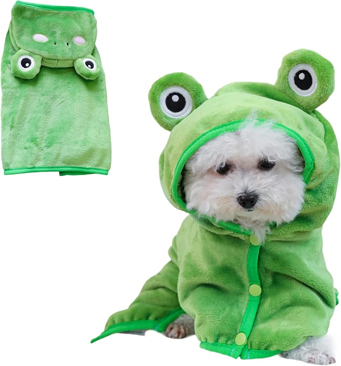 Dog Bathrobe with Hood Super Absorbent Soft Quick Drying Towel Wrap Adjustable Puppy Cat Bath Robe Towel for Cold Weather Beach Pool (Green Frog, Medium)