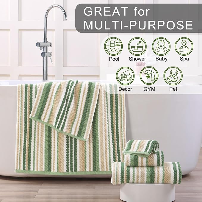 VOOVA & MOVAS Green Striped Wash Cloths - 100% Cotton, Quick Dry, Soft & Absorbent, 6PC Cotton Washcloths Set (13"x13"), Luxury Wash Cloths Set for Bathroom, Sage and Beige