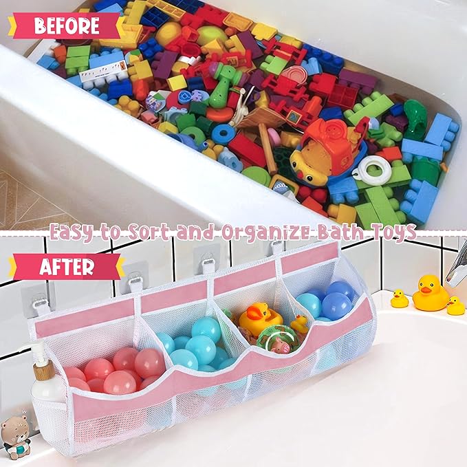Large Bath Toy Storage, 4 Compartment Quick Drying Mesh Bath Toy Organizer with 5 Hooks, Easy Access and Sorting Large Capacity Corner Bathroom Storage, Multi Use Holder (Pink)