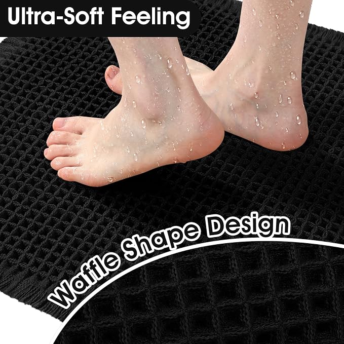 Accumtek Extra Large Waffle Bath Mat, 6'x2' Black, Super Absorbent Non-Slip Quick Dry Bathroom Rugs with Tassels, Machine Washable Ultra Soft Boho Bath Rugs for Floor, Toilet Mats Boho Farmhouse Decor