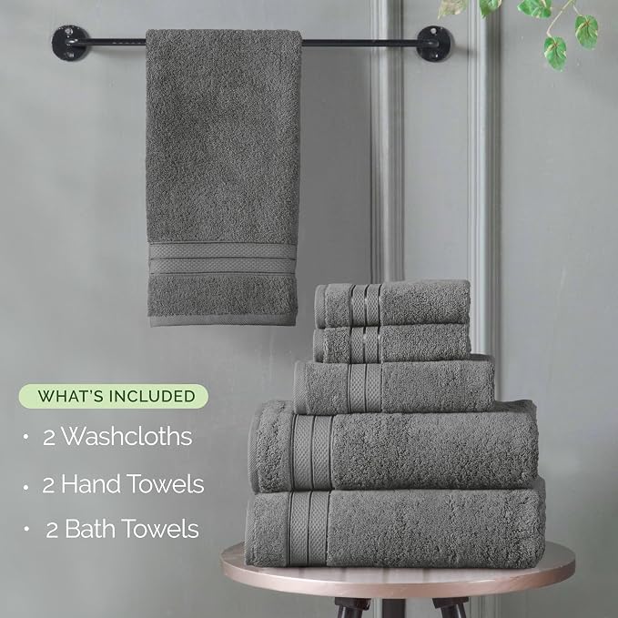 Elegant Comfort Luxury 6-Piece Towel Set, Premium Soft 100% Turkish Cotton, Three Line Popcorn Design 2 Bath Towels, 2 Hand Towels and 2 Washcloths Towel Set- Quick-Drying and Absorbent, Charcoal Gray