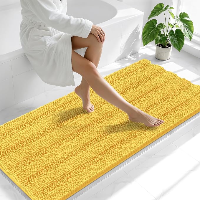 Smiry Thick Chenille Bathroom Runner Rugs 59x24, Absorbent Striped Bath Mat, Machine Washable, Rubber Backing, Extra Long Bath Rugs for Tub & Shower, Modern Home Decor Accessories, Yellow