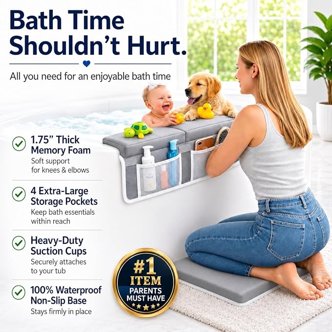 Comfortable Baby Bath Kneeler and Elbow Rest Pad Set, Non-Slip Bathtub Kneeling Pad for Bathing Baby, Bath Tub Cushion Mat, Elbow Pads, Toy Organizer Storage Pockets, Strong Suction Cups