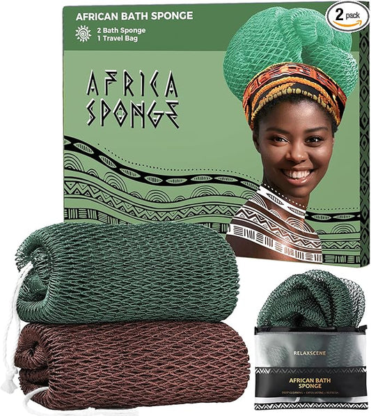African Net Sponge Authentic - 2 Pieces Exfoliating Body Scrubber Bath Sponge - Washcloth Back Scrub for Shower Body Exfoliator - Face & Skin Care Bathroom Essentials for Women