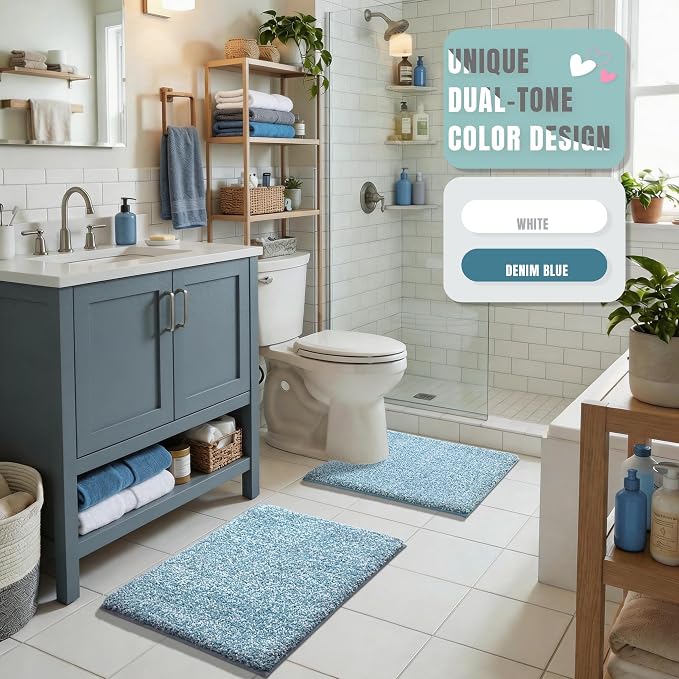 Yimobra Cushioned Anti-Fatigue Bathroom Rug, Bath Mat Non Slip Washable, Dense Soft Microfiber for Bathroom Sink, Shower, Tired Feet Comfort, Absorbent, 24" X 17", Denim Blue
