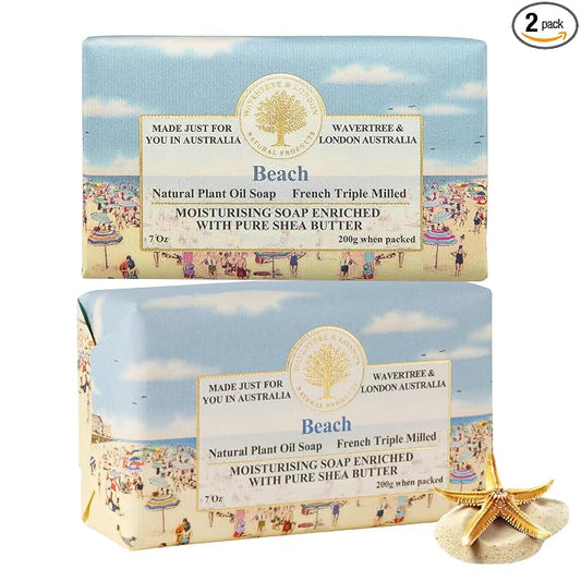 Wavertree & London Beach Scented Natural Soap (2 Bars), 7oz Moisturizing French Triple Milled Soap Bars enriched with shea butter - Pure Plant Based Bath & Body Bars for All Skin Types