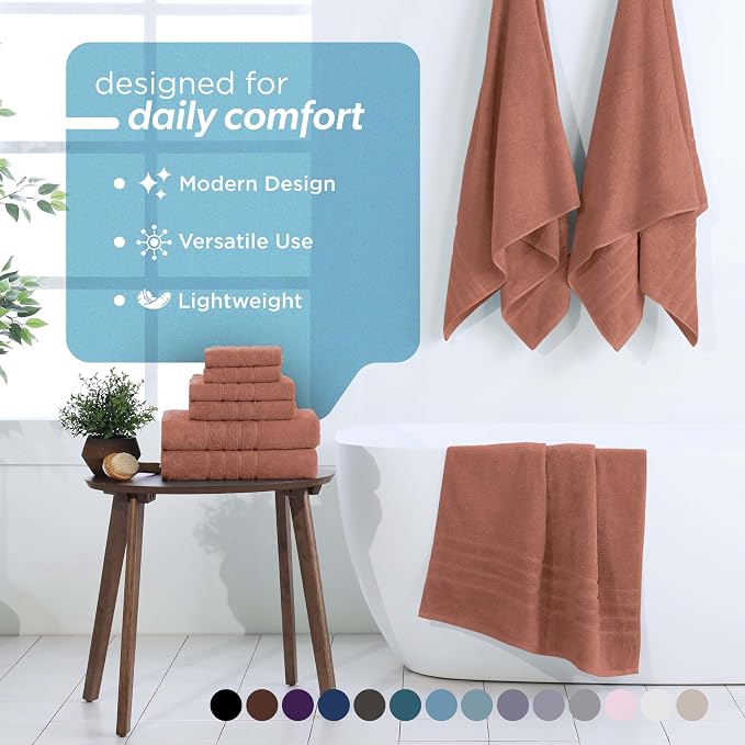 Martex Ultimate Performance 6-Piece Towel Set, Terracotta | 100% Cotton, Supersoft & Absorbent, Low-Linting, Easy Care, Versatile, 2 Bath Towels, 2 Hand Towels, 2 Wash Cloths