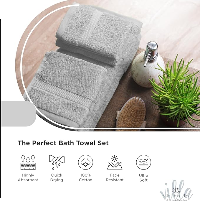 10-Piece 100% Cotton Towel Set, 2 Bath Towels, 4 Hand Towels, 4 Wash Cloth, Quick-Dry, Silver