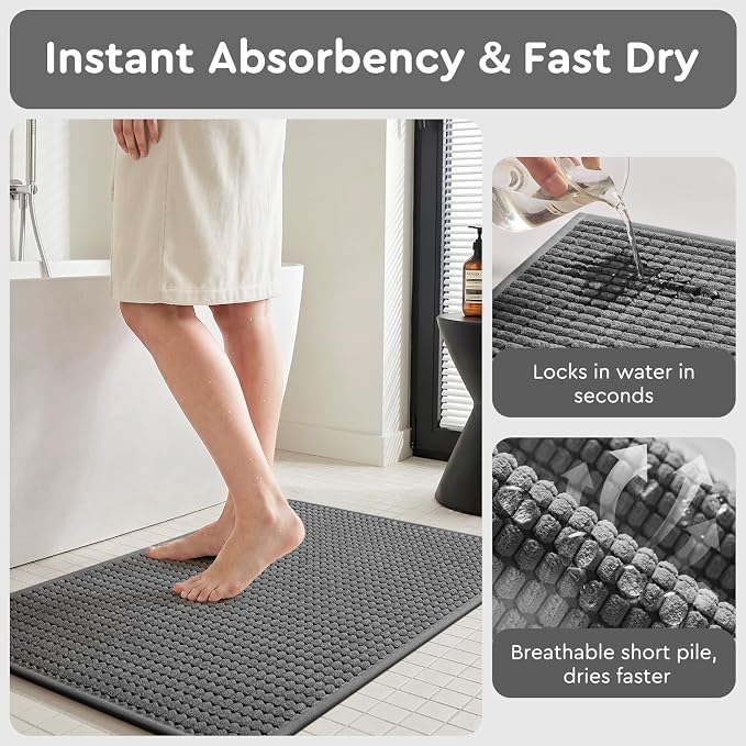 tchdio Bathroom Runner Rug, Absorbent Washable Thin Bath Mat, Non Slip Quick Dry Bath Rugs with Solid Rubber Backing, Low Profile Bath Mat, Grey, 24" x 70"