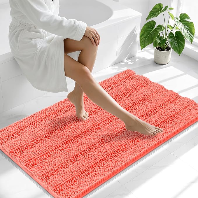 Smiry Thick Chenille Bathroom Runner Rugs 44x24, Extra Absorbent Striped Bath Mat, Machine Washable, Rubber Backing, Long Bath Rugs for Tub & Shower, Modern Home Decor Accessories, Coral