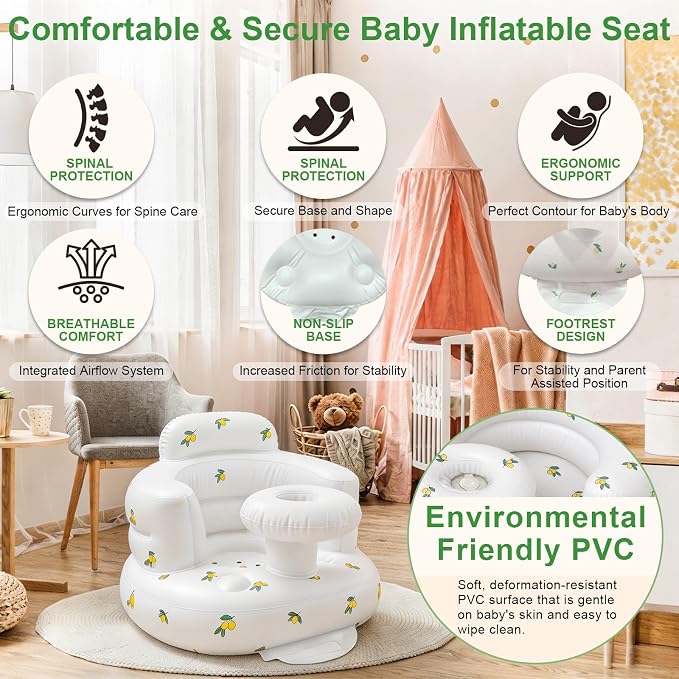 Inflatable Baby Seat for Babies 3-36 Months, Baby Chair with Fence & Built in Air Pump, Blow Up Floor Baby Seat with Back Support, Baby Chair Sit Me Up Olive-Tray