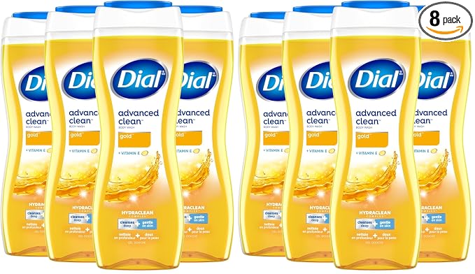 Dial Body Wash, Advanced Clean Gold, 16 Fl Oz, Hydraclean Complex & Vitamin E, Gentle, Leaves Skin Feeling Nourished, Dermatologist-Tested, No Parabens & Sulfates, (Pack of 8)