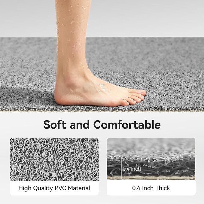 Asvin Soft Textured Bath, Shower, Tub Mat, 24x16 Inch Rectangular, Phthalate Free, Non Slip Comfort Bathtub Mats with Drain, PVC Loofah Bathroom Mat for Wet Areas, Quick Drying, Grey