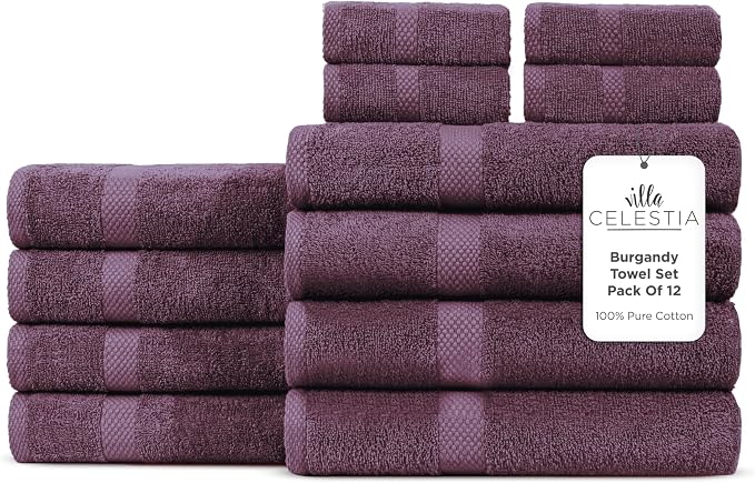 12-Piece 100% Cotton Towel Set, 4 Bath Towels, 4 Hand Towels, 4 Wash Cloth, Quick-Dry, Burgandy