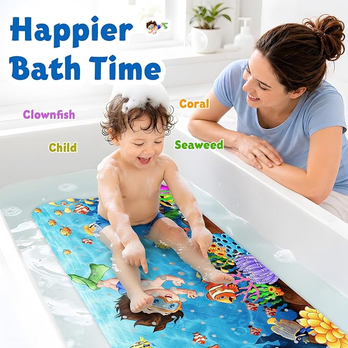 XIYUNTE Baby Bath Mat for Tub Non Slip Kids Bath Mat - 40''x16'' Extra Long Cartoon Bathtub Mat Non Slip Kids Shower Mat Eco-Friendly Toddler Bath Mats with Suction Cups, Machine Washable