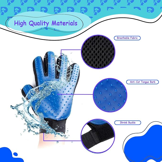Dog Bath Gloves - Silicone Hair Removal Gloves for Dogs, Cats - Pet Grooming Mittens for Shedding, Bathing,Massaging. Flexible, Comfortable Adjustable Strap. for All Hair Types (Blue)