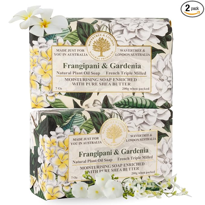 Wavertree & London Frangipani Gardenia Scented Natural Soap (2 Bars), 7oz Moisturizing French Triple Milled Soap Bars enriched with shea butter - Pure Plant Based Bath & Body Bars for All Skin Types