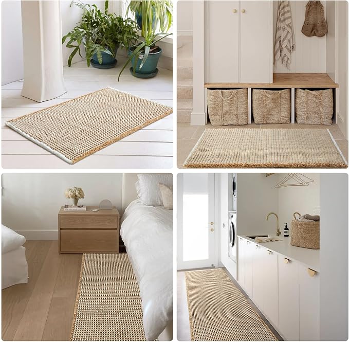 TYUU Waffle Bath Mat, Boho Bathroom Rugs Non Slip Washable Super Absorbent Quick Dry Bath Mat Farmhouse Bathroom Decor, 24"x16" Khaki and White