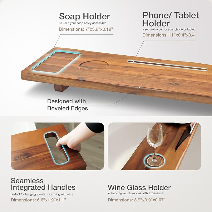 Tinamo Acacia Bathtub Caddy Tray Table | 39 x 9.75 x 2.5 Inch Large Bath Tub Tray Wooden | Anti-Tipping, Sustainable Tub Tray for Bathtub | Bathtub Accessories Holders for Bathtub (Acacia, 39x9.75) | Adjustable Feet, 39" x 9.75" x 2.5", Phone & Drink H...