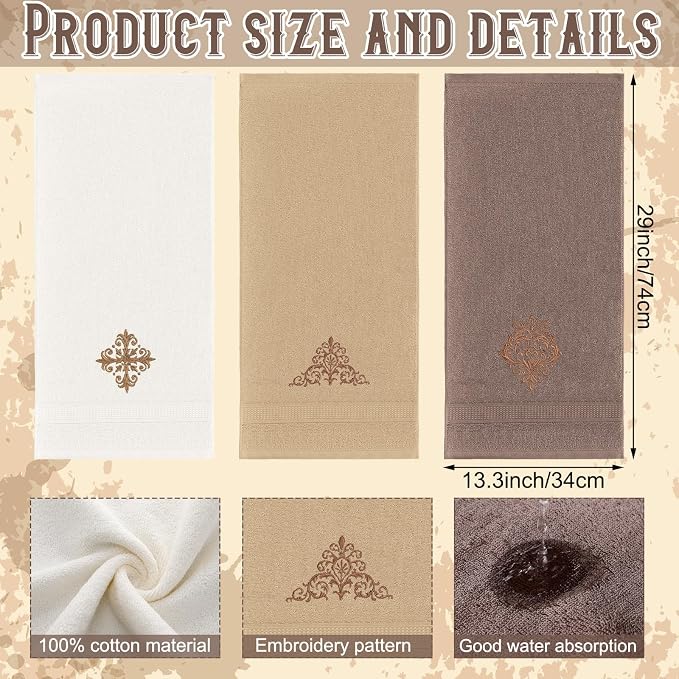 FuWeave 3 Pcs Vintage Brown Hand Towels Fancy Decorative Bathroom Towels 13.3 x 29.5'' Luxury Damascus Embroidered 100% Cotton Soft Absorbent for Bathroom Kitchen Boho Decor