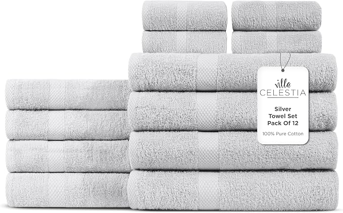 12-Piece 100% Cotton Towel Set, 4 Bath Towels, 4 Hand Towels, 4 Wash Cloth, Quick-Dry, Silver