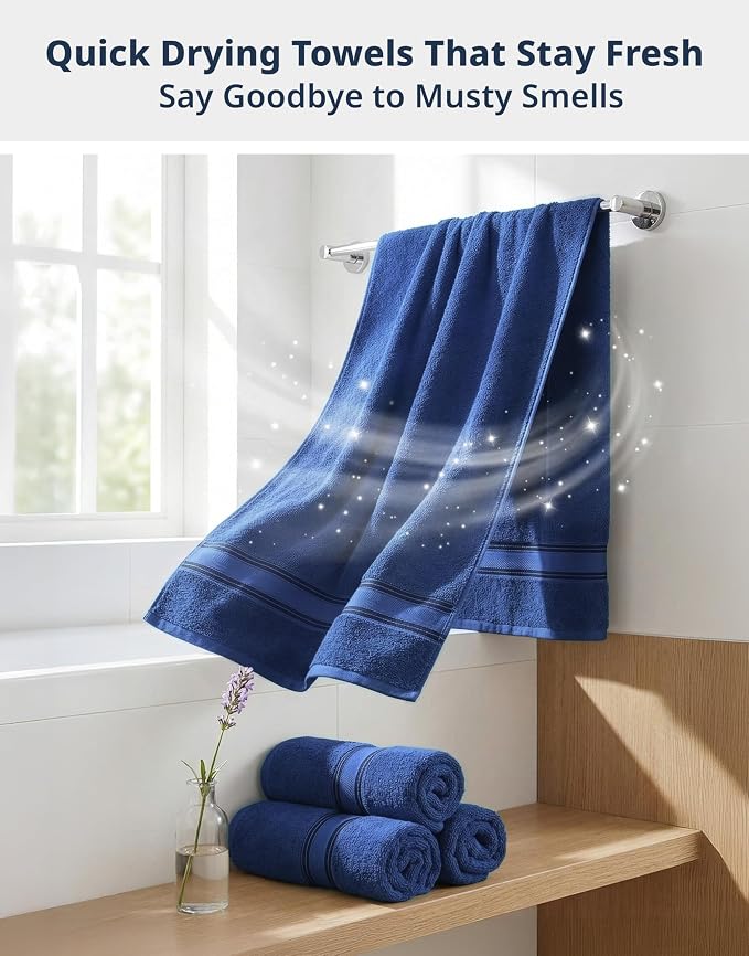 LANE LINEN 100% Cotton 4 Pack Bath Towels (28"x54") - Zero Twist, Mercerized Cotton Towels Set for Bathroom - Quick Dry, Soft & Absorbent Large Bath Towel Set - Dorm Essentials for Boys - Navy Blue