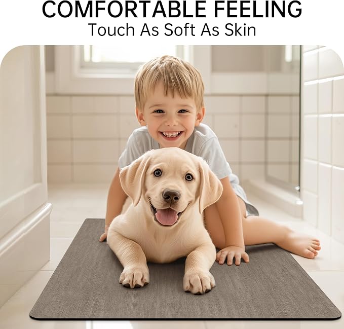 Mecko Bath Mat, Ultra Absorbent Quick Dry Bathroom Floor Mats-Rubber Non-Slip Thin Bathroom Rug Fit Under Door, Faux Suede Surface Shower Rug for Bathtub, Sink, Shower Room(Brown,16"x24")