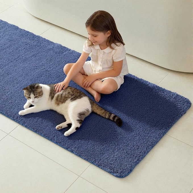 TYUU Bathroom Runner Rug, Ultra Soft Long Bath Mat Machine Washable Super Absorbent Quick Dry Bathroom Runner Rugs 24 x 60 Non Slip, Denim Blue 24" x 60"