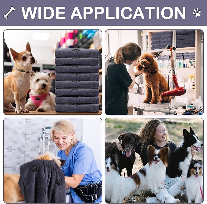 Chumia 8 Pcs Microfiber Dog Towels for Drying Dogs Cats 55 x 28 Inch Pet Towels Bulk for X-Large Puppy Absorbent Fast Drying Paw Bath Bathing Supplies for Pets(Dog Paw and Bone, Gray)