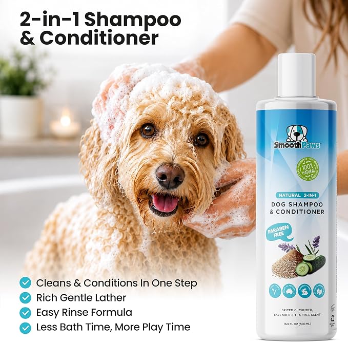 2-in-1 Natural Dog Shampoo & Conditioner – pH-Balanced for Dogs & Puppies | Gentle Oatmeal & Aloe Vera Formula for Sensitive Skin | Spiced Cucumber, Lavender & Tea Tree Scent | 16.9 oz |